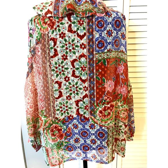 ZARA Boho Ruffled Neckline Swiss Dot Chiffon Patchwork Print Blouse Size Small - Picture 2 of 9
